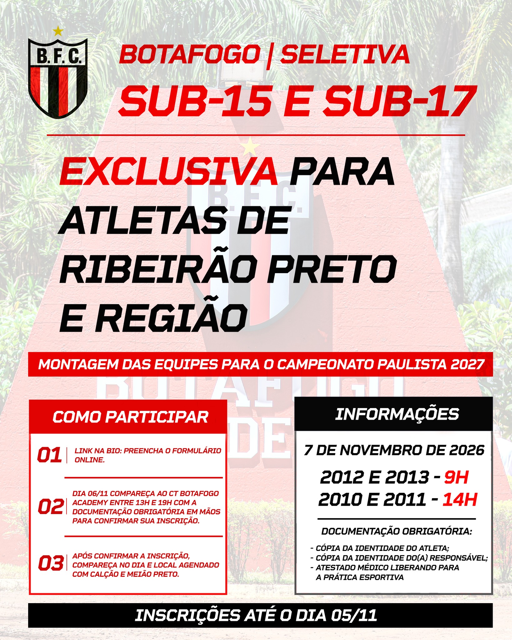 Botafogo Sub-15 e Sub-17: Avaliações para o Campeonato Paulista 2027